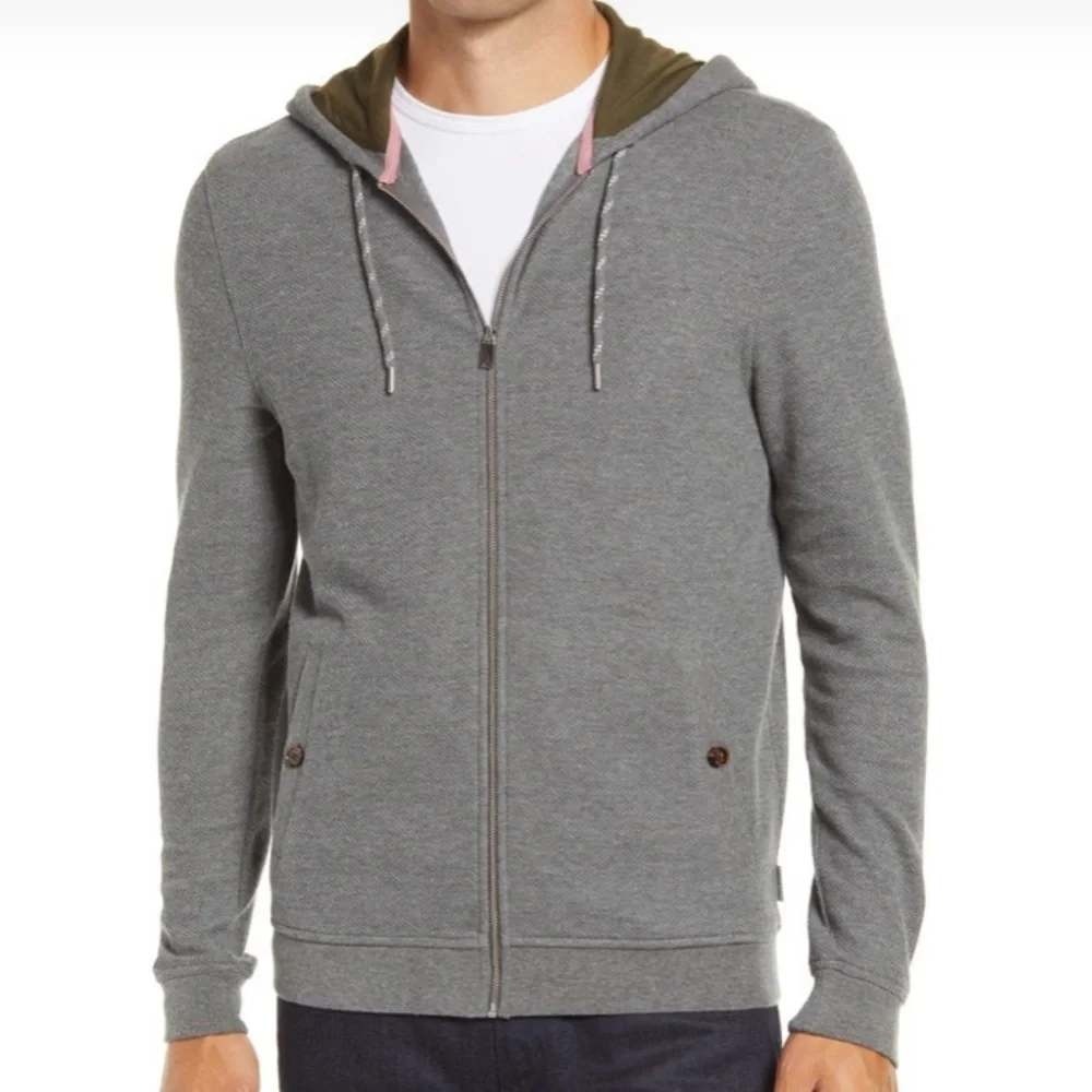 Ted Baker London Hangry Full Zip Hoodie Mens Size 4 L Gray Waffle Knit Sweater